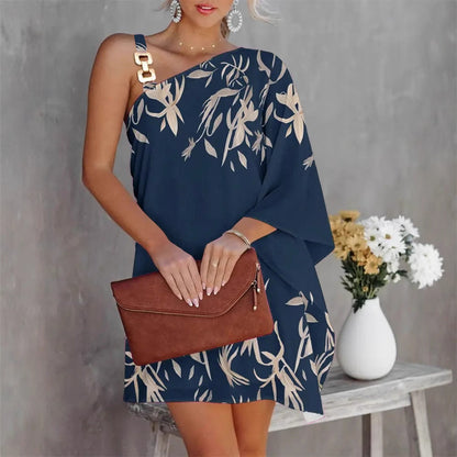 Ombre Stripe One-Shoulder Chain Strap Butterfly Cape Sleeve Mini Dress