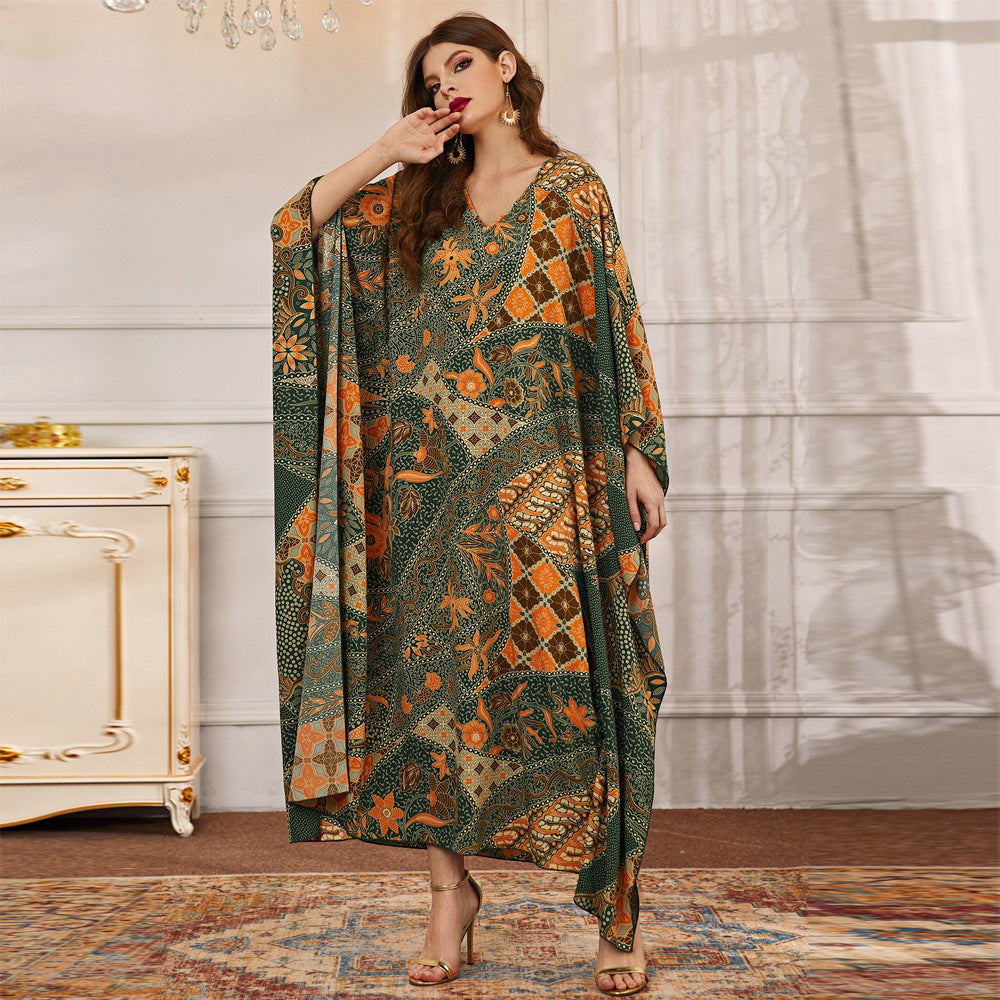 Irregular Asymmetric Dress Fall Long Printed V neck Batwing Sleeve