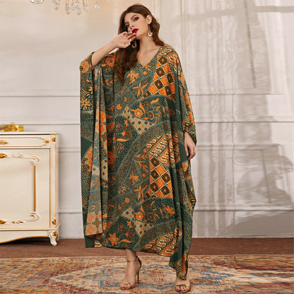 Irregular Asymmetric Dress Fall Long Printed V neck Batwing Sleeve