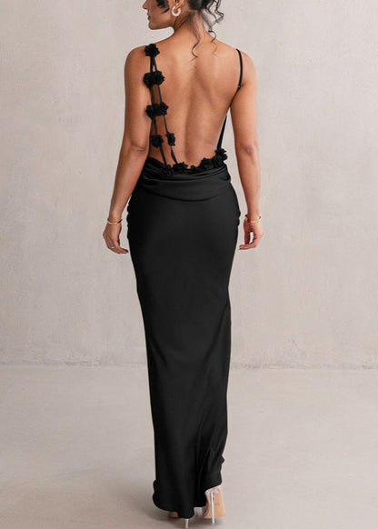 Satin Open Back Floral Rosette One-Shoulder Strap Floor-Length Gown