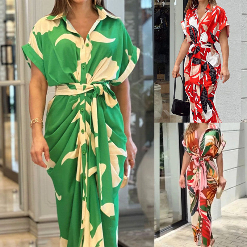 Tropical Leaf Print Button-Down Short Sleeve Tie-Waist Shirtdress Maxi Dress