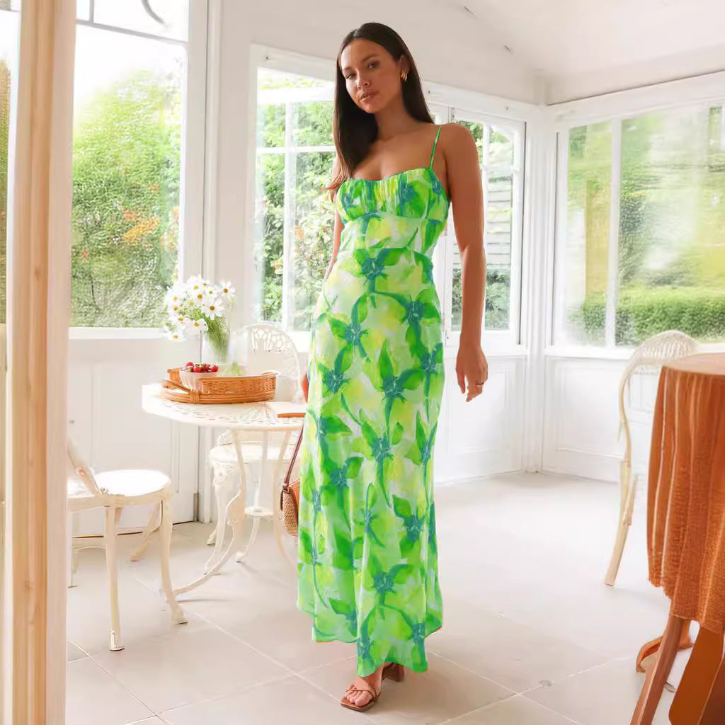 Spaghetti Strap Ruched Bust Tropical Floral Print Satin Maxi Dress