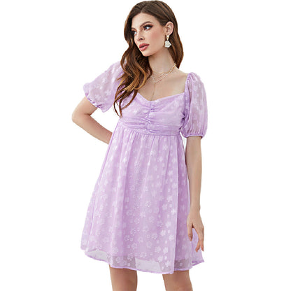 French Square Collar Puff Sleeve High Waist Pettidress Backless Dress
