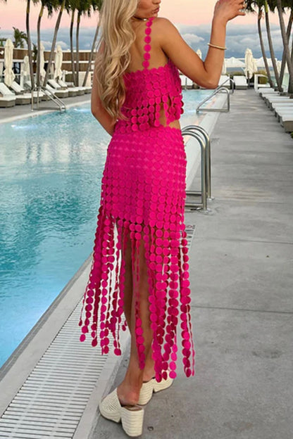 Caitlin See Through Circle Embroidery Elastic Waist Tassle Hem Maxi Skirt