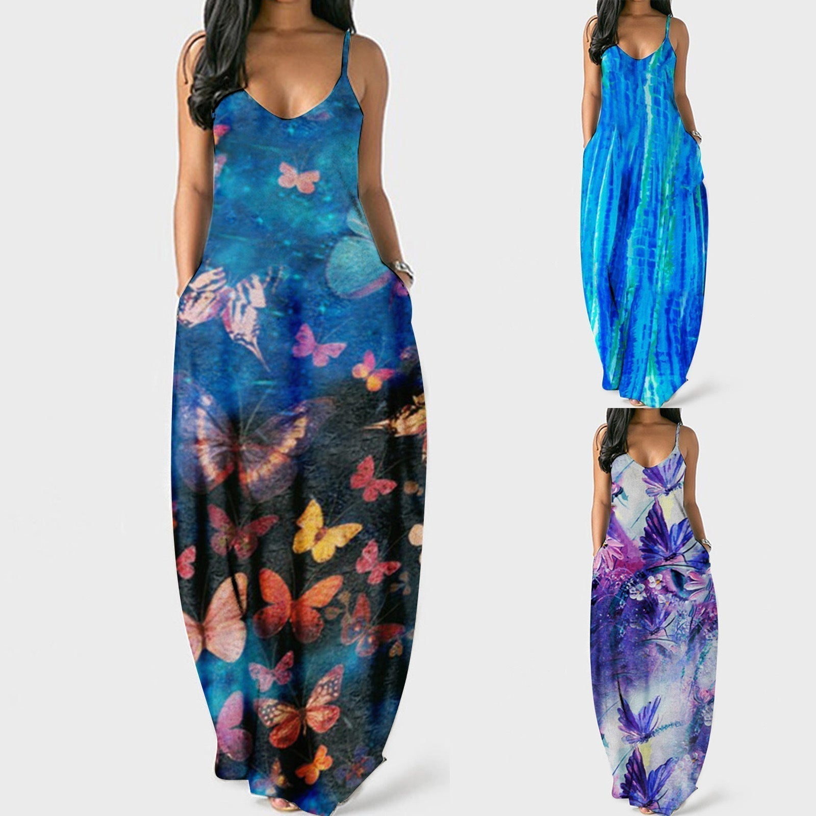 Butterfly Print Spaghetti Strap V-Neck Pocket Maxi Dress