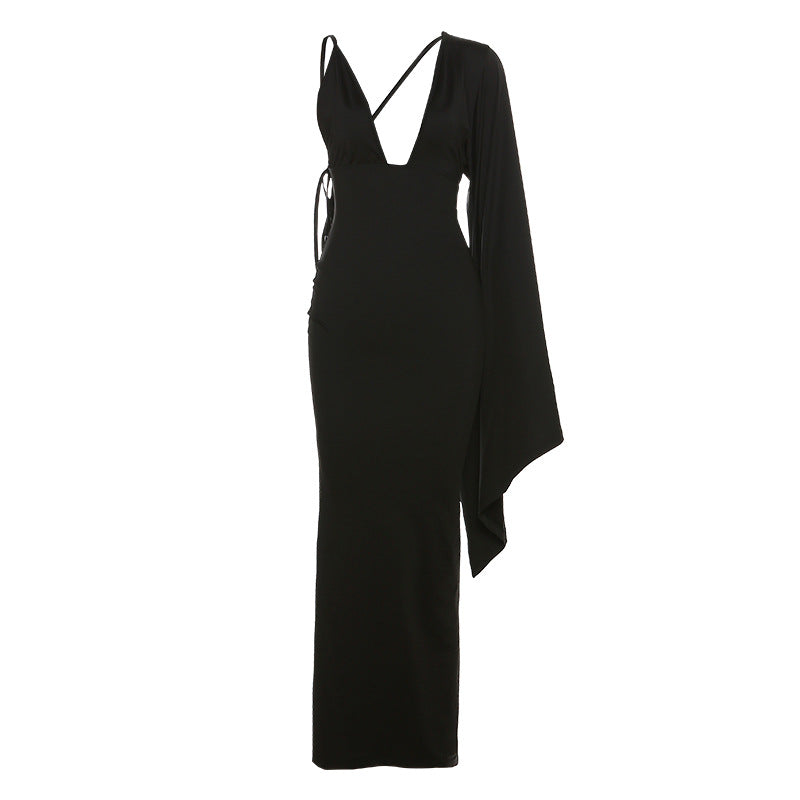 One Shoulder Sleeve Low Cut Backless Evening Dress for