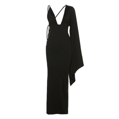 One Shoulder Sleeve Low Cut Backless Evening Dress for