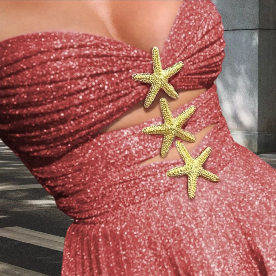 Little Mermaid Glitter Fabric Metal Starfish Hollow Layered Stretch One-piece Swimsuit