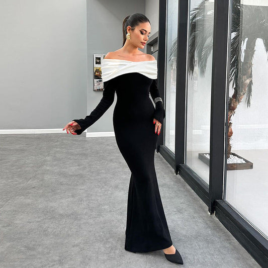 Color Matching off the Shoulder Waist Slimming Dress