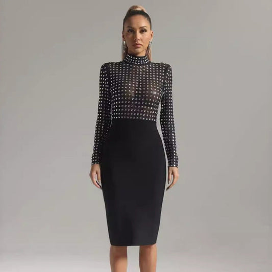 Mesh Stitching  Bandage One Piece Turtleneck Diamond Nightclub Party Dress