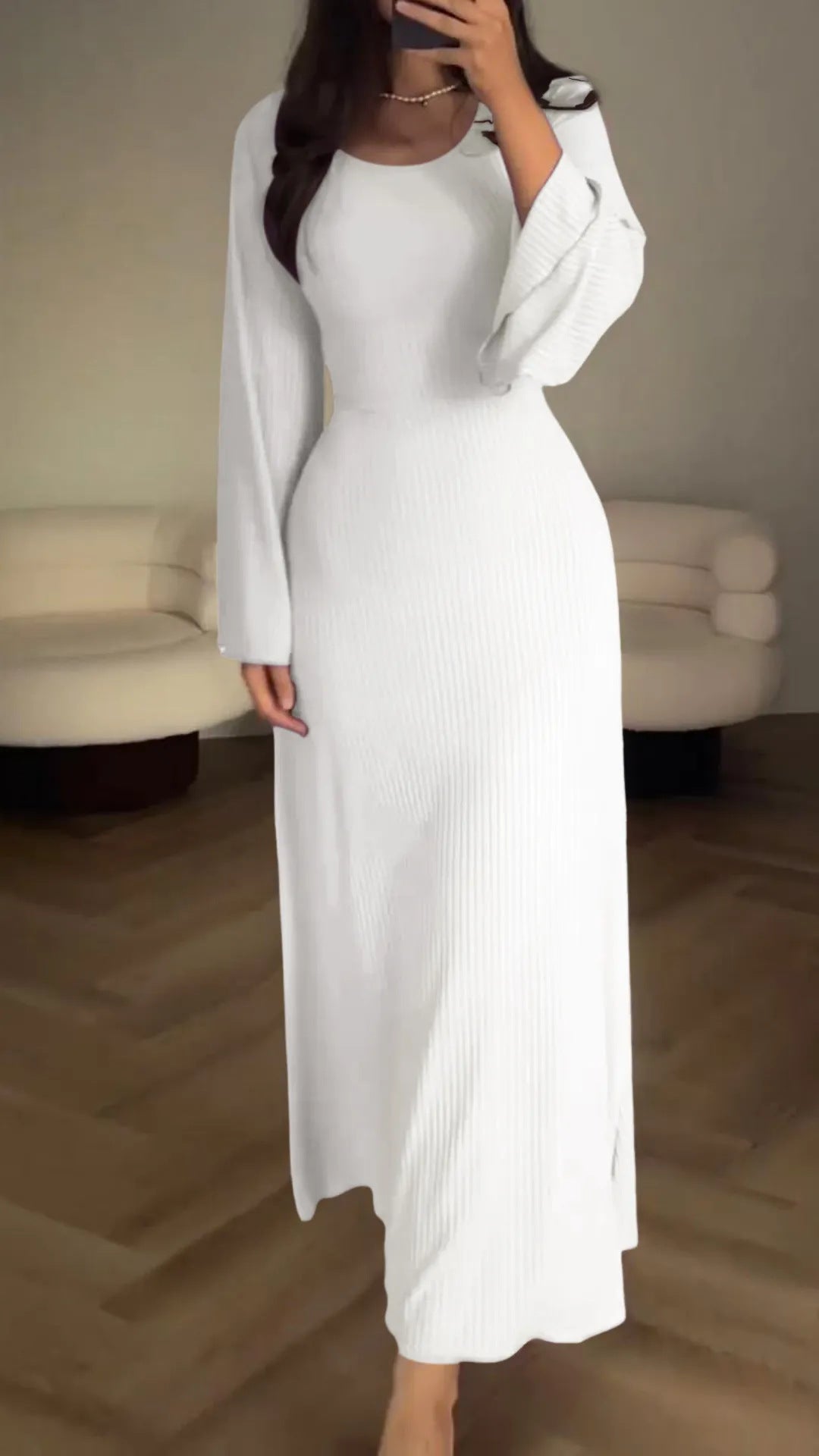 Rib Knit Scoop Neck Long Sleeve Bell Cuff Bodycon Maxi Dress