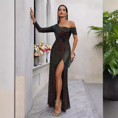 Popular Sequined Dress High Slit Oblique Collar Elegant Evening Dress