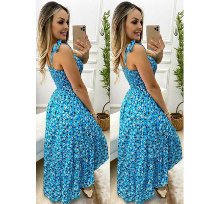 Pleated Strap Floral Dress Home Loose Lace up Large Swing