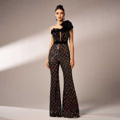 High Grade One Shoulder Diagonal Collar Cocktail Sequ Slim Fit Evening Dress Bridesmaid Dress Jumpsuit