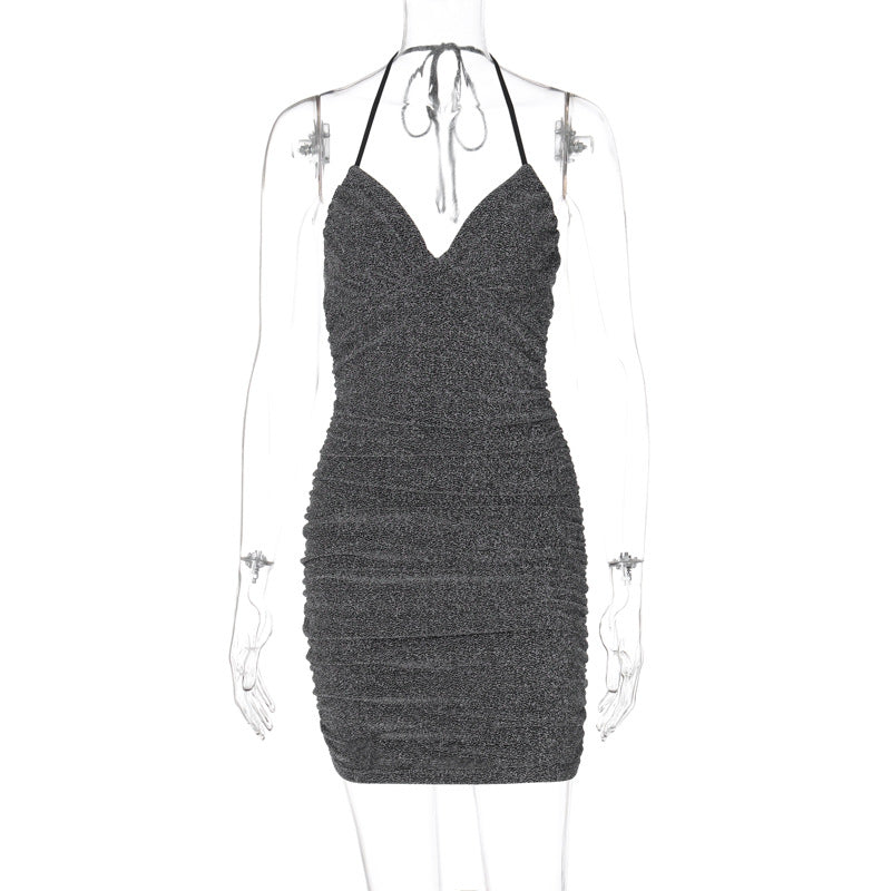 Halter Tie Neck Sweetheart Ruched Shimmer Bodycon Mini Dress