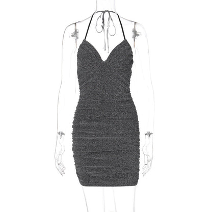 Halter Tie Neck Sweetheart Ruched Shimmer Bodycon Mini Dress