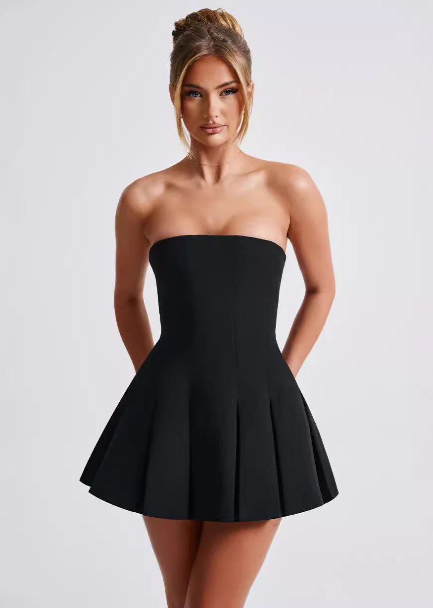 Strapless Princess Seam Box Pleated Fit and Flare Mini Dress