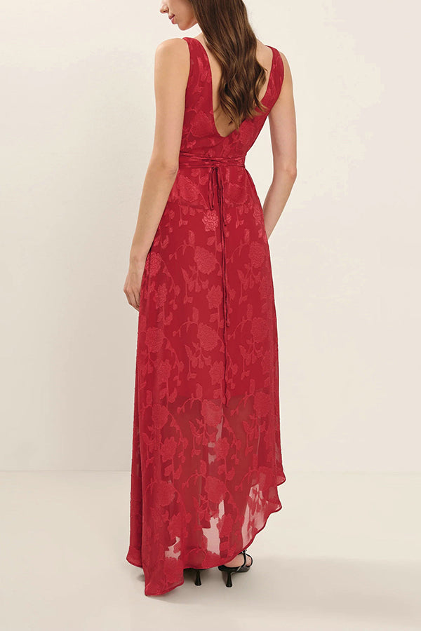 Fashion Jacquard Elegant Backless Lace-up Slim Irregular Maxi Dress
