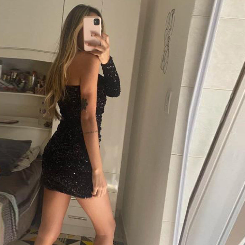 One Shoulder Sequ Dress High End Evening Dress Tight Hip Dress