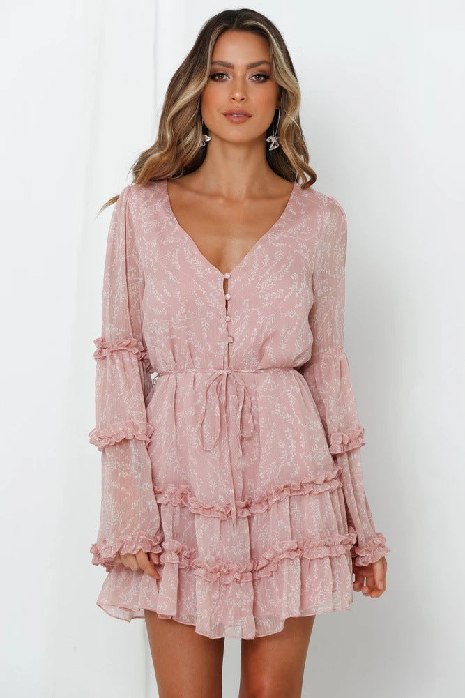 Lace Lace-up Waist Trimming Short Chiffon Dress