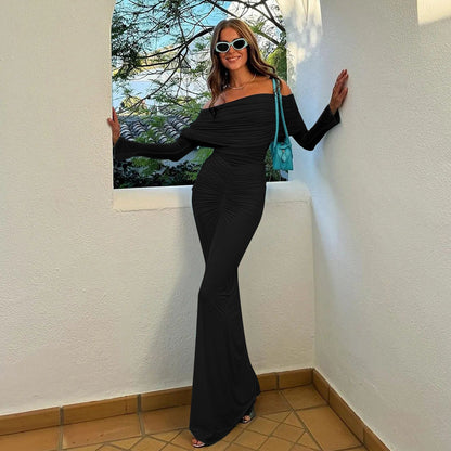 Off Shoulder Mesh Pleated Ruched Bodycon Maxi Dress