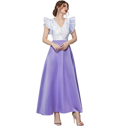 High Waist V neck Petal Sleeve Digital Printing Stitching Dress