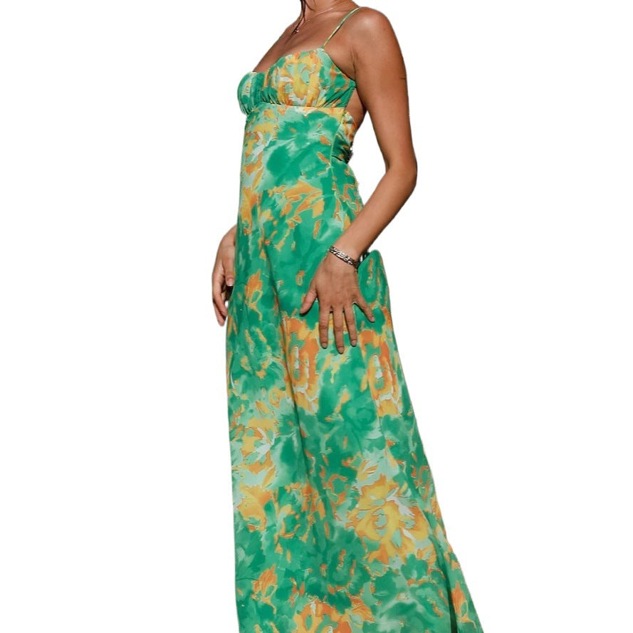Large Floral Print Ruched Bust Spaghetti Strap Sweetheart Midi Dress