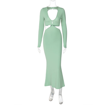 Long Sleeve Backless Hollow Out Cutout Slim Fit Dress