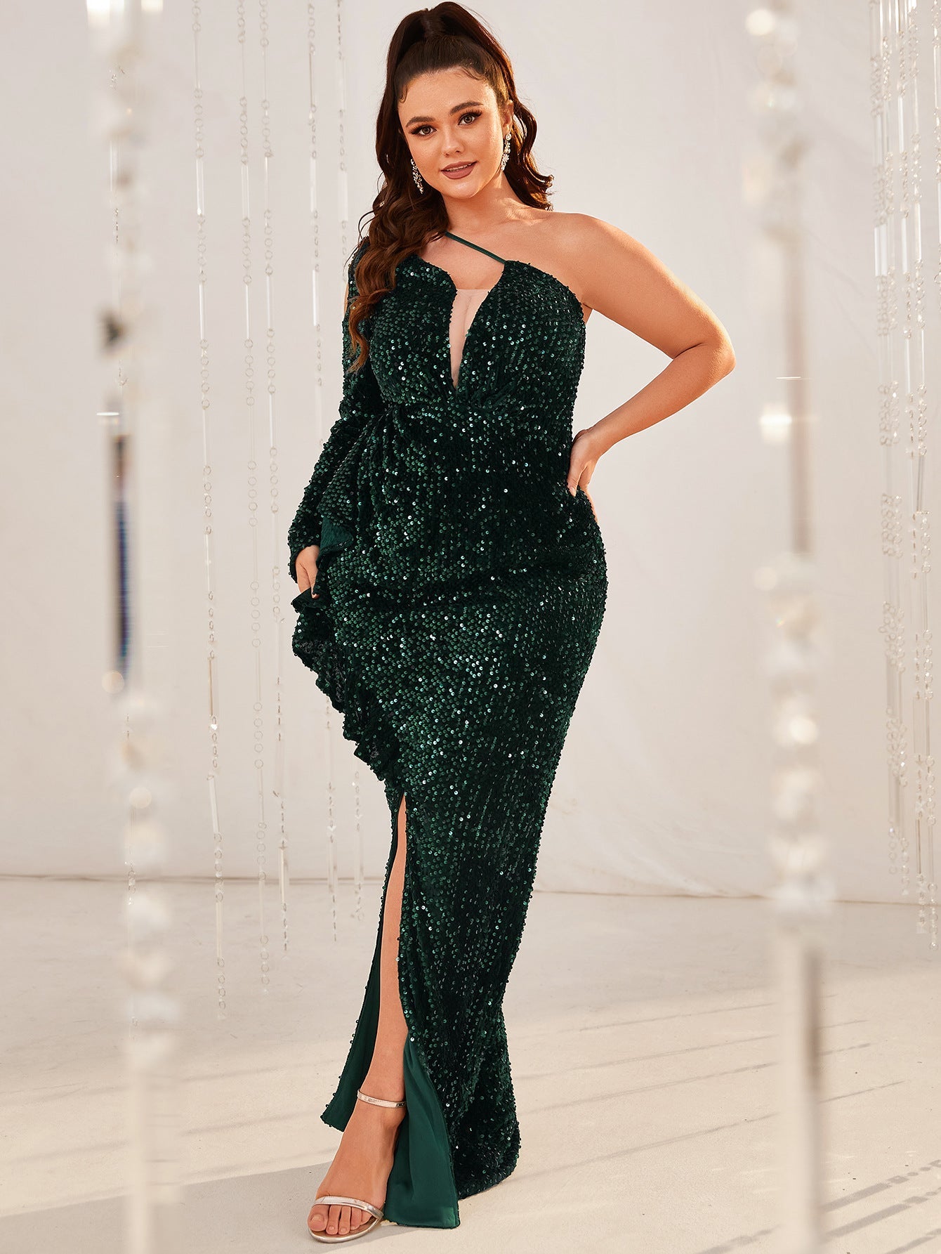 Plus Size One Shoulder Long Sleeve V neck Maxi Sequin Dress Fishtail Dress