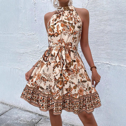 Botanical Floral Print Ruffle Halter Neck Tie Waist Border Hem Mini Dress