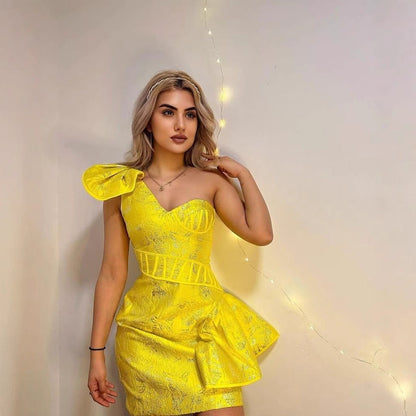 One Shoulder Jacquard Embroidered Dress Ladies Party Dress Short