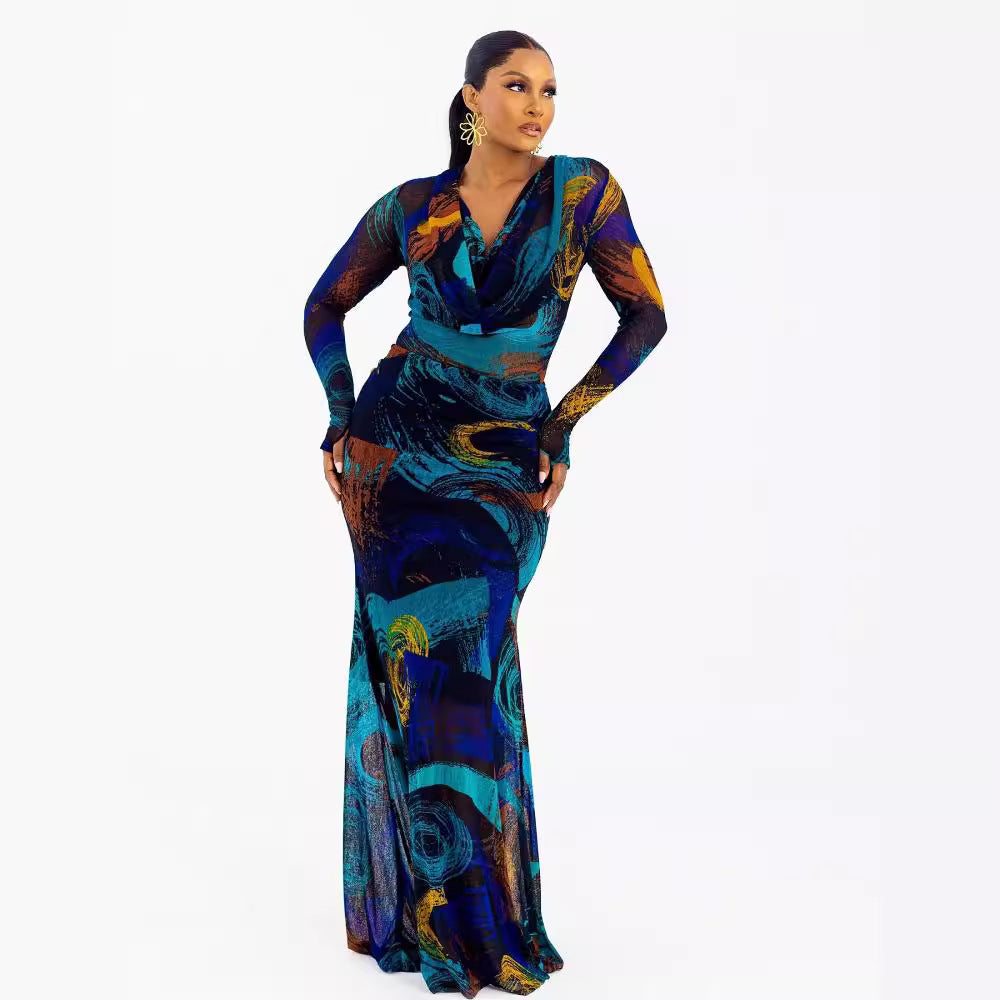 Printing Long Sleeve Narrow Slim Fit Dress Long