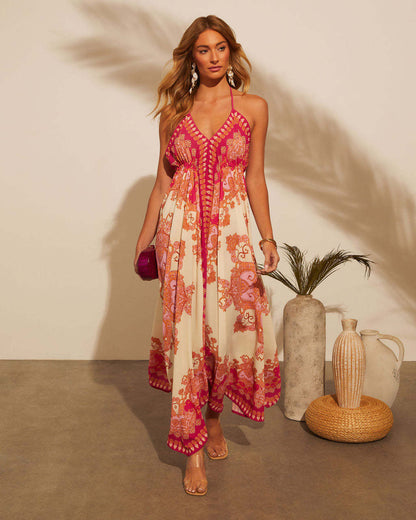 off the Shoulder V neck Spaghetti Strap Floral Print Fairy Long Elegant Dress Big Swing