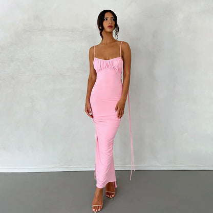 Backless Pleated Dress Evening Dress Sleeveless Strap Dress for