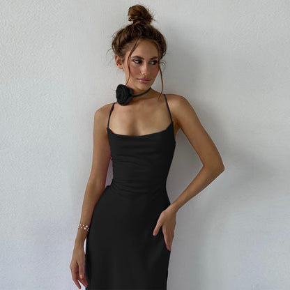 Floral Halter Collar Backless Lace Up Split Sling Dress