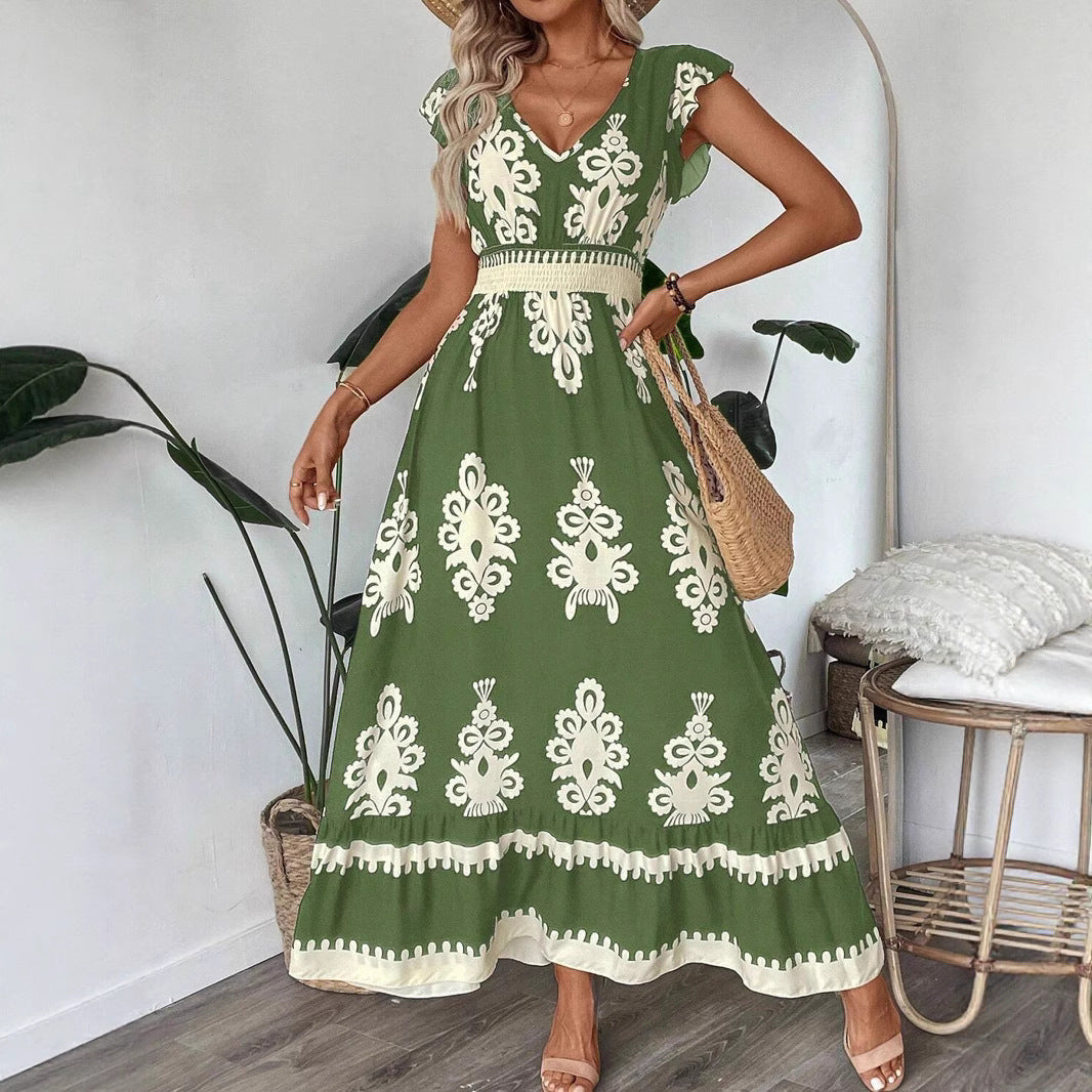 Ornamental Print V-Neck Cap Sleeve Smocked Waist Tiered Hem Boho Maxi Dress