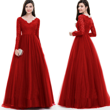 Mesh Lace Long Sleeve Wedding Bridal Gown Dress Evening Maxi Dress