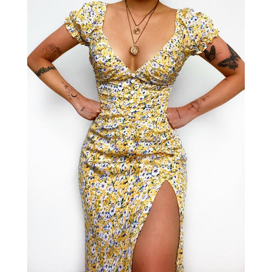 Floral Floral Print Fresh Sweet V-neck Mid-Length Dress