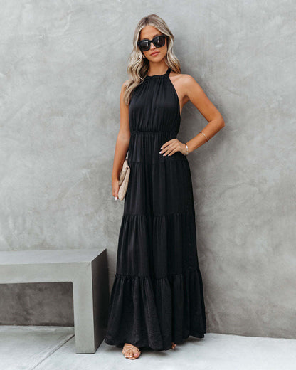 Elegant Halter Long Solid Color Dress for