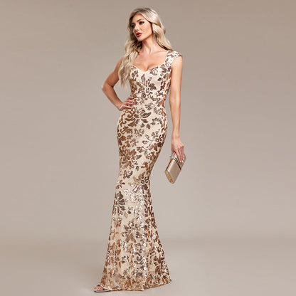 Quality Sweet Square Collar Formal Mermaid Rose Gold Pattern Sequined Sleeveless Party Evening Dress