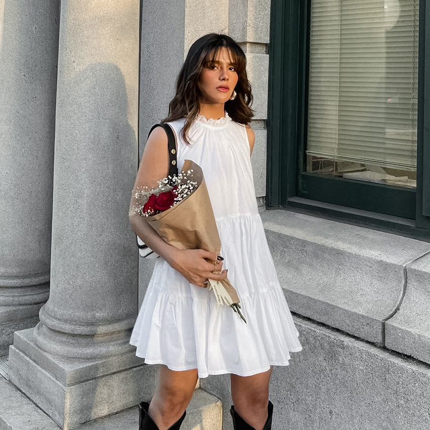 Round Neck Bow Lace Up Tiered Ruffle Sleeveless Mini Dress
