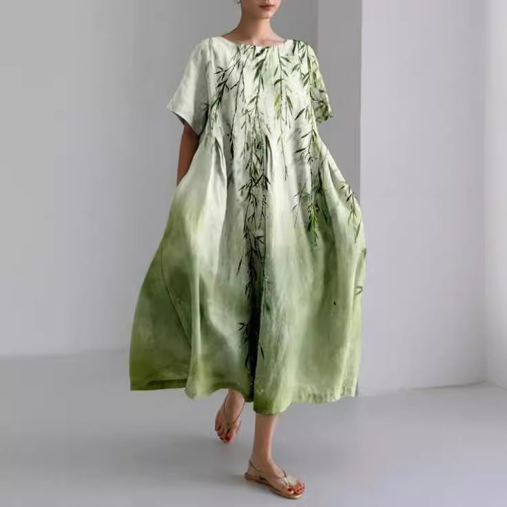 Blossom Print Crew Neck Gathered Waist Pocket Midi Dress