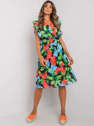 Large Floral Print Surplice V-Neck Ruffle Shoulder Pleated Belted Midi Dress