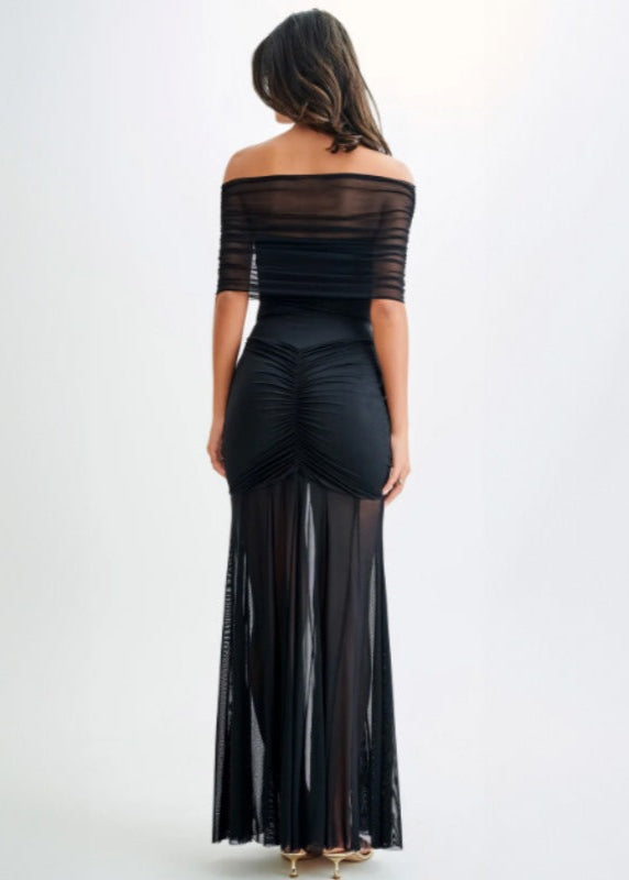 Off-Shoulder Ruched Mesh Overlay Pleated Sheer Skirt Bodycon Maxi Gown