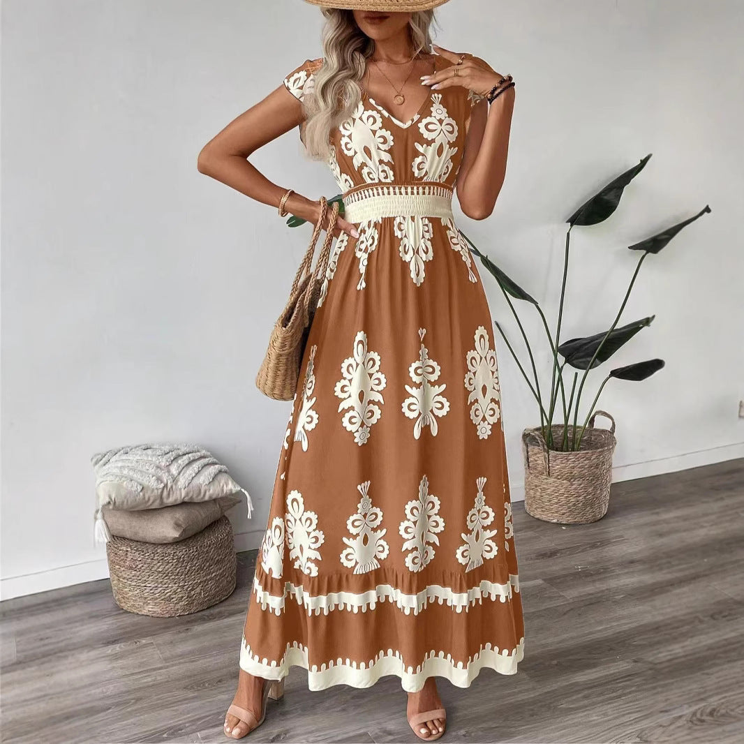 Ornamental Print V-Neck Cap Sleeve Smocked Waist Tiered Hem Boho Maxi Dress