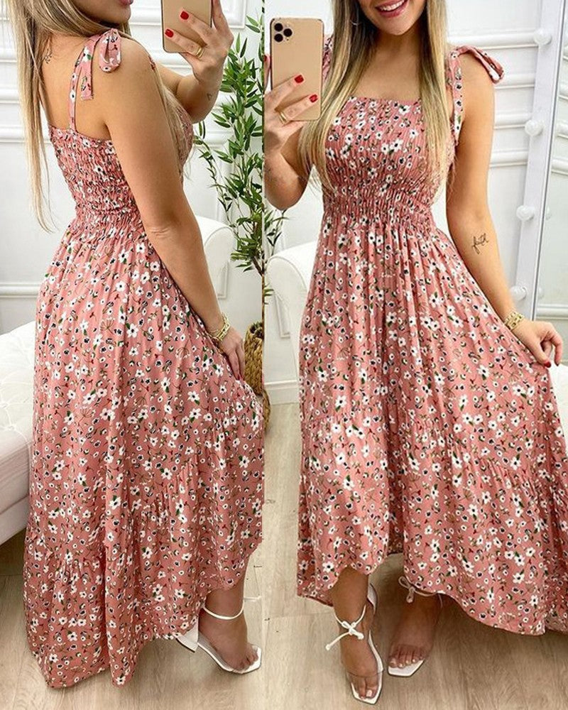 Smocked Tie-Shoulder Floral Print Tiered Asymmetrical Maxi Dress