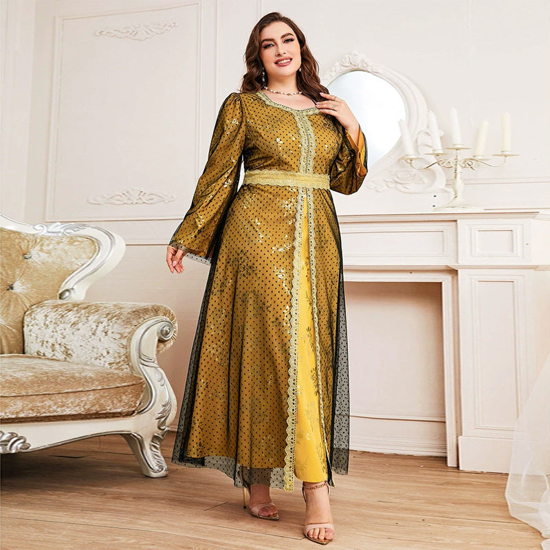 Plus Size High Waist Loose Long Sleeve Mesh A line Dress