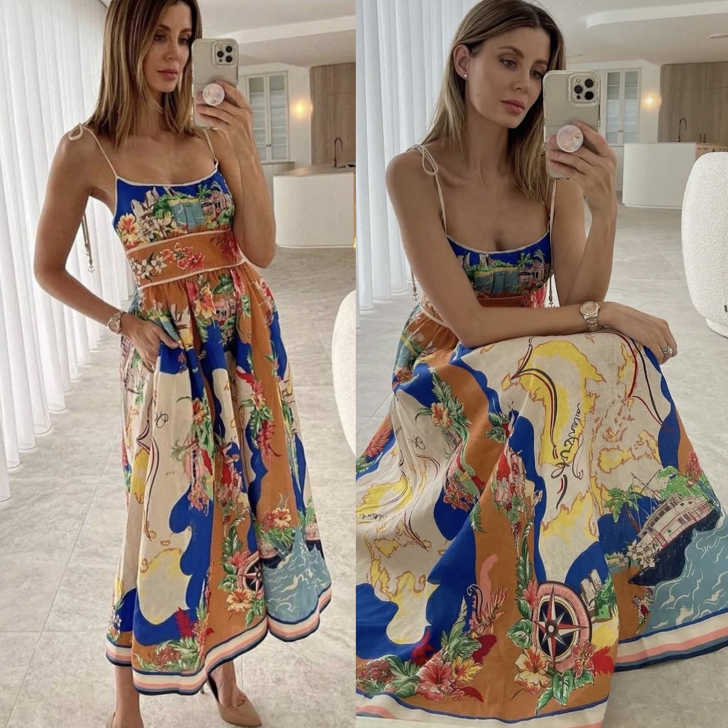 Women's spring and summer elegant new sling print pocket dress INS casual fashion party loose holiday dress