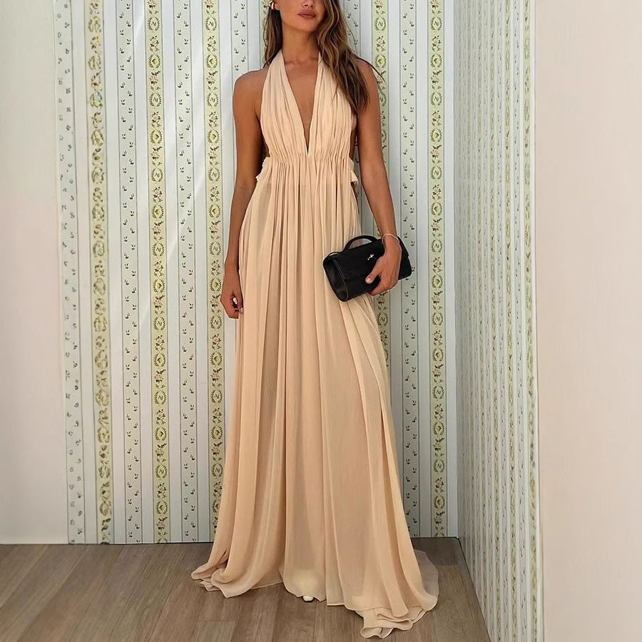Ethereal Moment Tulle Cutout Ruched Waist Backless Halter Maxi Dress