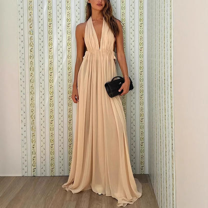 Ethereal Moment Tulle Cutout Ruched Waist Backless Halter Maxi Dress